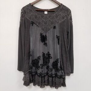 Vintage Feratelli Womens Floral Mesh Overlay Top Size L Fairy Grunge Lagenlook